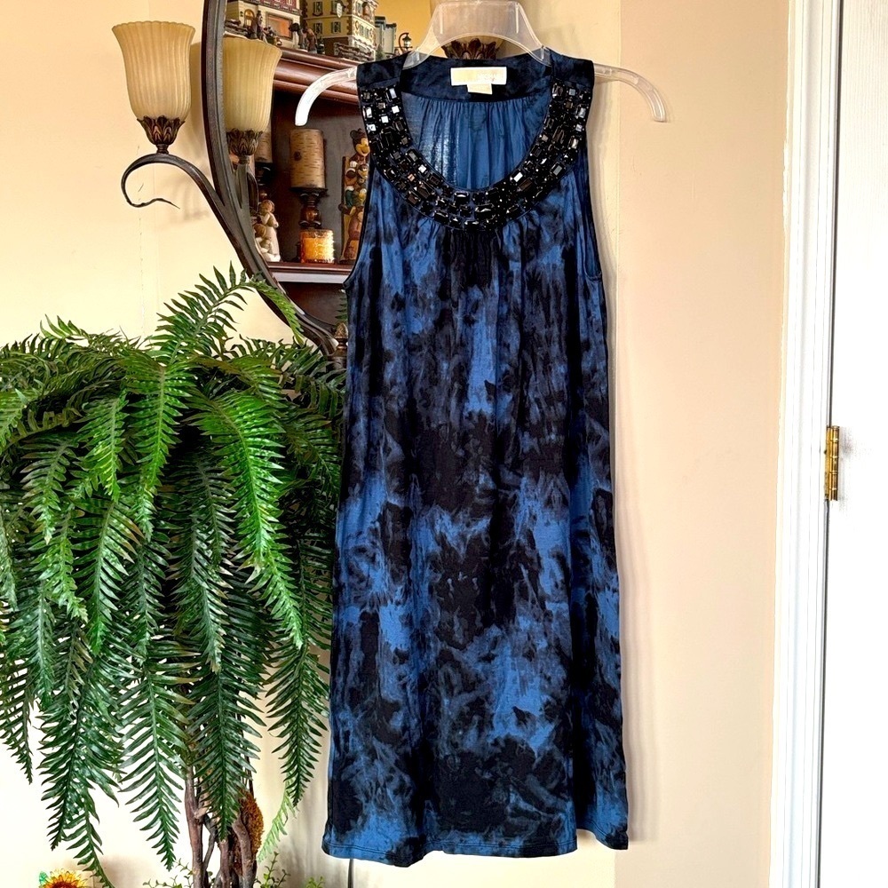 Michael Kors Tie Dye Washed Indigo Jersey Embellished Black Beaded Easy Dress